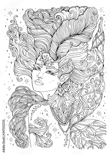 Vector princess girl. Fantastic woman fairytale elf with a sharp ear. Magical fairy with weave pattern wings, wavy hair decorated headdress crown and feather. Ornamental illustration coloring page