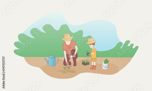 children is helping his father growth plants in garden,His son learning farming,activity with kid and family together in weekend,Vector illustration.