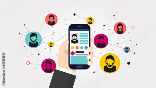 Social network illustration. Phone in a male hand on a background of a network of contacts. EPS 10 vector for use on web pages, in advertising, applications.