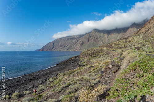 Wide angle panorama. Natural beach Las Playas. Very popular for tourists and locals. There you can look at the Roque de Bonanza is one of the symbols of El Hierro island and its natives. El Hierro