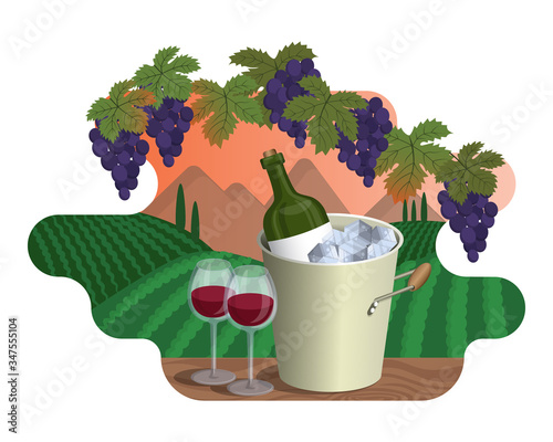 Mountain and sea landscape with vineyards, bottle in wine cooler and two filled wine glasses against the sunset. Vector cartoon illustration