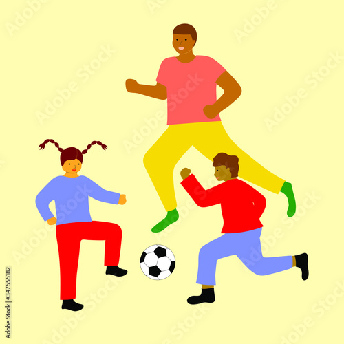 Fototapeta Naklejka Na Ścianę i Meble -  Family playing soccer. Father with two children having an outside activity. May is a family month. 
Illustration for a cute cover, poster, banner or card for family holidays.