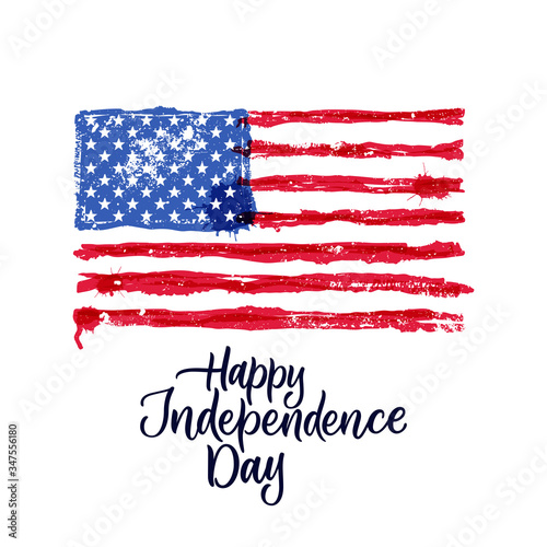 Happy 4th of July, USA Independence Day. Hand drawn calligraphy lettering, american watercolor flag. Vector illustration