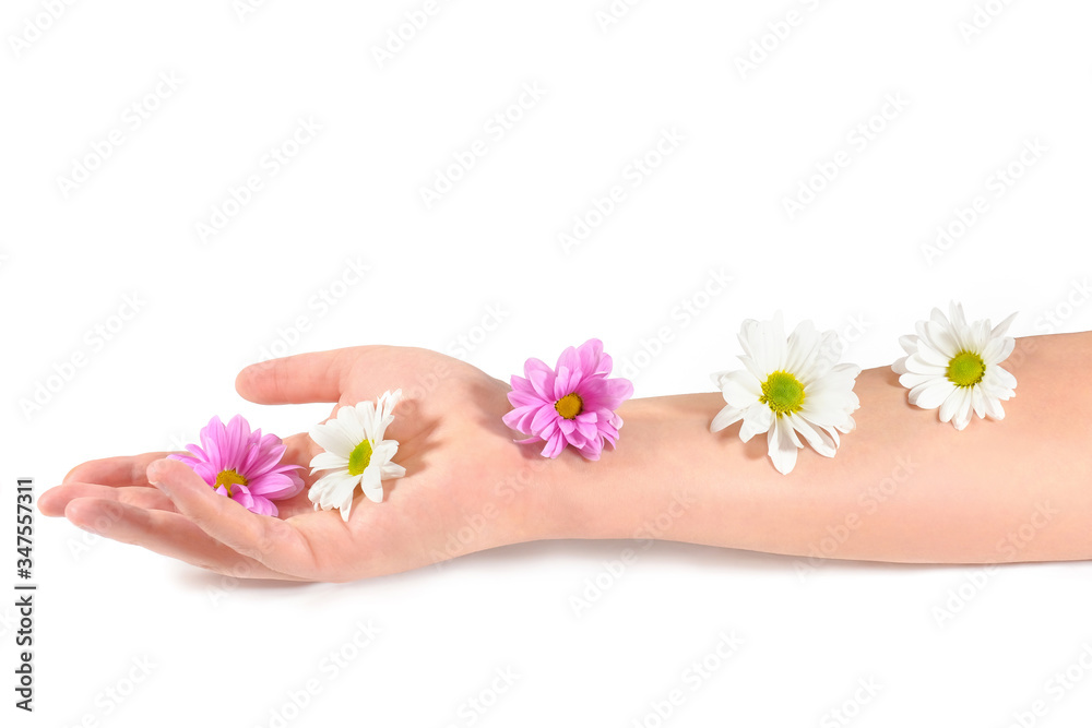 Hand care concept, anti wrinkle. Female hand and colors on a hand on a white background. Skin care. Hand care concept, anti wrinkle. Female hand and colors on a hand on a white background. Skin care.