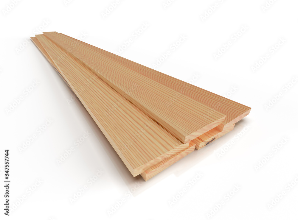 Stack of wooden boards on white floor, isolated. 3D rendering.