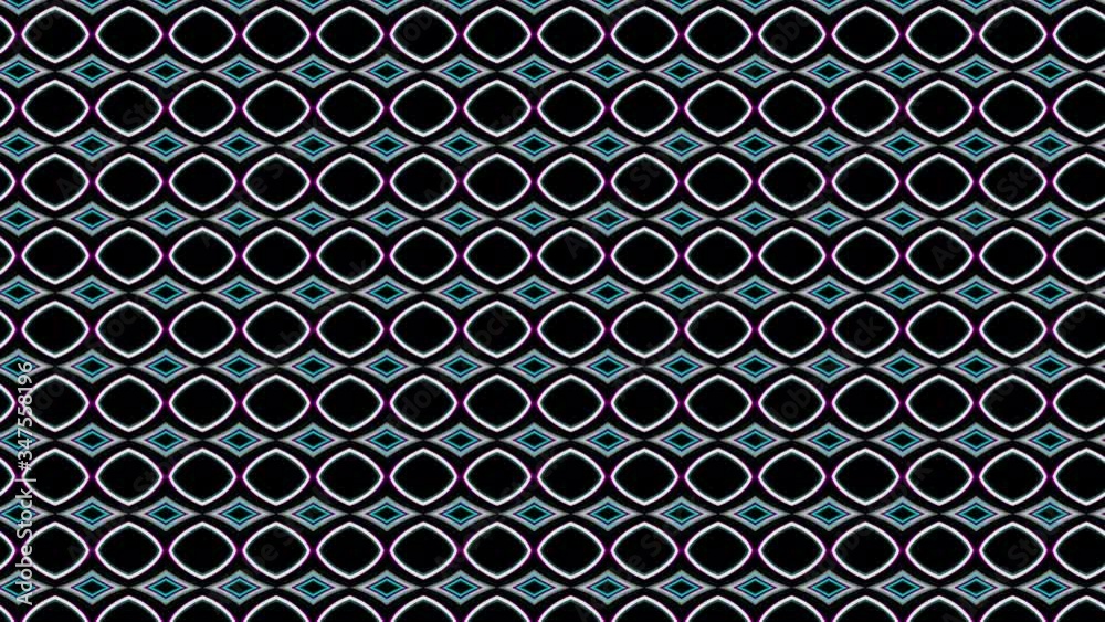 Abstract green narrow rows of everchanging small figures on black background, seamless loop. Animation. Horizontal kaleidoscopic symmetric pattern.