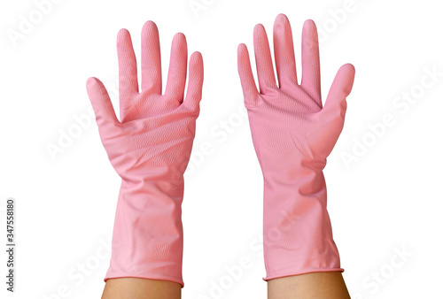 Two hands wearing pink rubber gloves isolated on white background  clipping path included