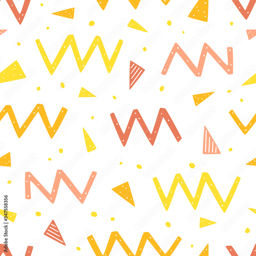 Endless vector pattern with geometric elements. Zig zags, dots and triangles seamless pattern. Abstract colorful vector background