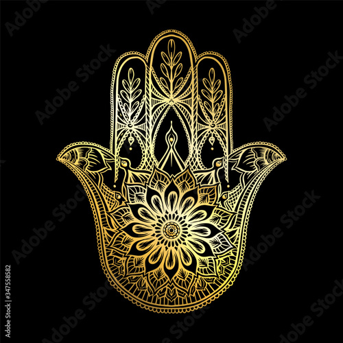 Ornate hand drawn hamsa. Popular Arabic and Jewish amulet in gold and black. Vector illustration.