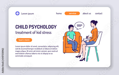 Child psychology web banner. Treatment of kid stress. Isolated cartoon characters on a white background. Concept for web page, presentation, smm, ad, site. Vector illustration. UX UI GUI design