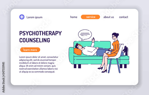 Psychotherapy counseling web banner. Isolated cartoon characters on a white background. Concept for web page, presentation, smm, ad, site. Vector illustration. UX UI GUI design.