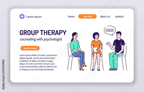 Group therapy web banner. Counseling with psychologist. Isolated cartoon characters on a white background. Concept for web page, presentation, smm, ad, site. Vector illustration. UX UI GUI design.