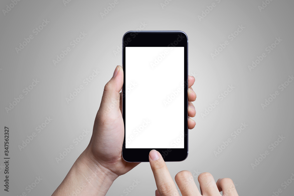 The hand is touching the mobile phone screen, Scan the fingerprint or unlock., White screen, mockup screen, include Clipping path. Concept of smartphone technology In the modern era