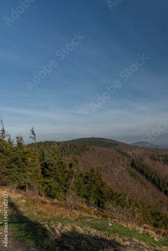 Color spring morning view from Pustevny in Beskydy mountains photo