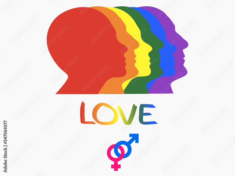 illustration of faces of men and women in profile, LGBT community, love of all genders, couple of girl and guy illustration of faces of men and women in profile, LGBT community, love of all genders, couple of girl and guy