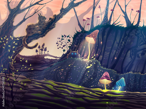 Magic forest summer landscape with fantasy trees, wild animals, cats, mushrooms, grass, flowers, beautiful outdoor vector illustration with sunset light beams