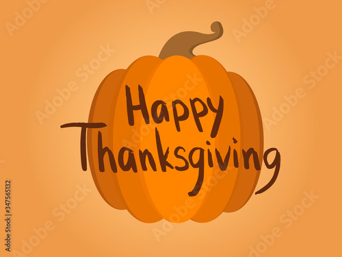 Thanksgiving festive greeting card with orange cute pumpkin, illustration drawn