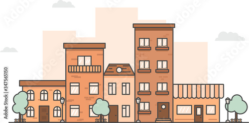 city street with lanterns and trees is a cozy place of the cityscape with apartments, residential windows and houses