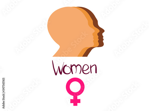 illustration of faces of girls in profile of different races, young women with a gender sign