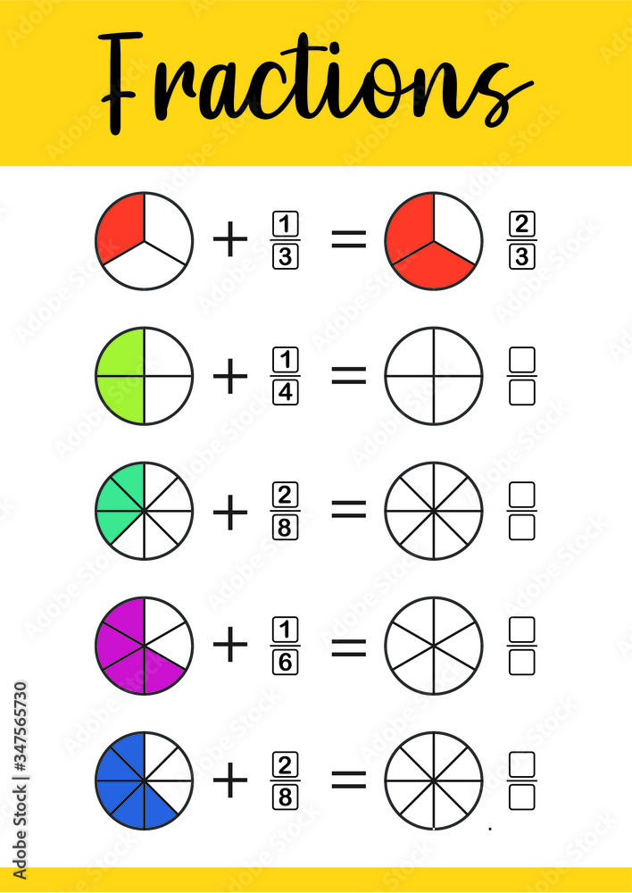 fractions addition printable worksheets for kids math worksheet for kids fraction addition problems stock vector adobe stock