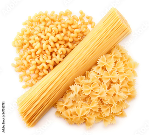 Assorted pasta on a white background isolated. The view from top
