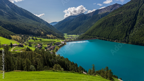 Vernago lake landscape taken from surrounding mountains, Senales Valley, Italy © lnichetti