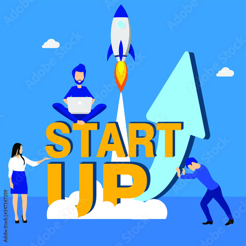 
Startup. Illustration of the inscription startup with people working and a rocket pointing to the sky