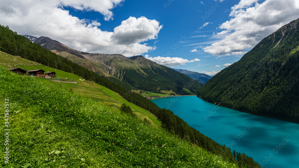 Vernago lake landscape taken from surrounding mountains, Senales Valley, Italy