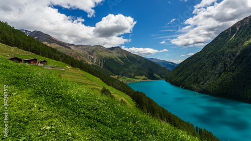Vernago lake landscape taken from surrounding mountains  Senales Valley  Italy