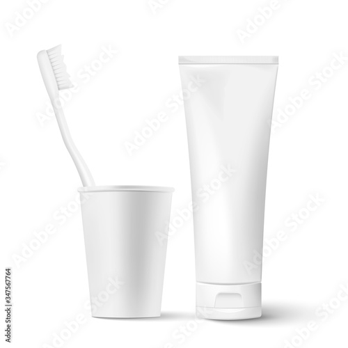 Realistic pair of toothbrushes in a glass with tube of toothpaste isolated on background. Vector illustration.
