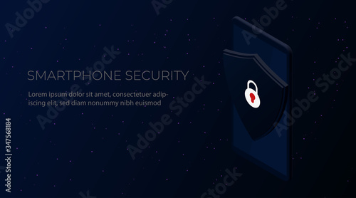 Smartphone security. Isometric vector illustration. Realistic phone device with shield and lock on a dark background. Mobile protection and antivirus security concept