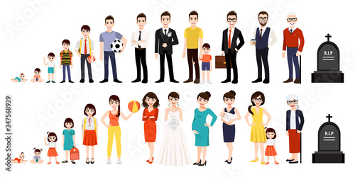 Character with human life cycles vector illustration. Male and female growing up and aging on white background.