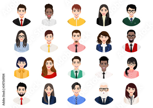 Big bundle of different people avatars. Set of male and female portraits. Men and women avatar characters. User pic, face icons for representing person in a video game, Internet forum, account. Vector