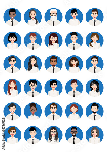 Big bundle of different people avatars. Set of male and female portraits. Men and women avatar characters. User pic, face icons for representing person in a video game, Internet forum, account. Vector
