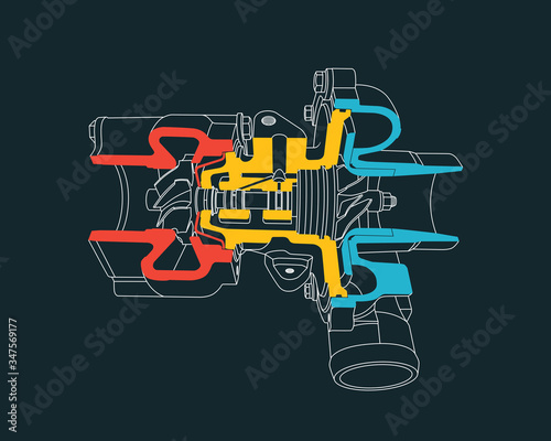 Outline of sectioned turbocharger. Vector illustration