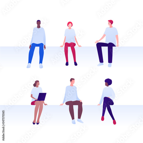 Student education concept. Vector flat person illustration set. Young adult people in casual outfit sitting. Group of multi-ethnic character sit isolated on white. Design for banner, web, infographic.