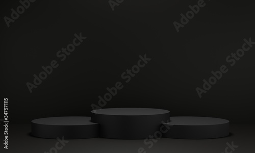Black pedestal for display. Empty product stand with geometrical shape. minimal style. 3d render.