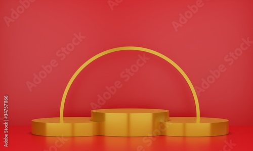 Gold pedestal for display. Empty product stand with geometrical shape. minimal style. 3d render.