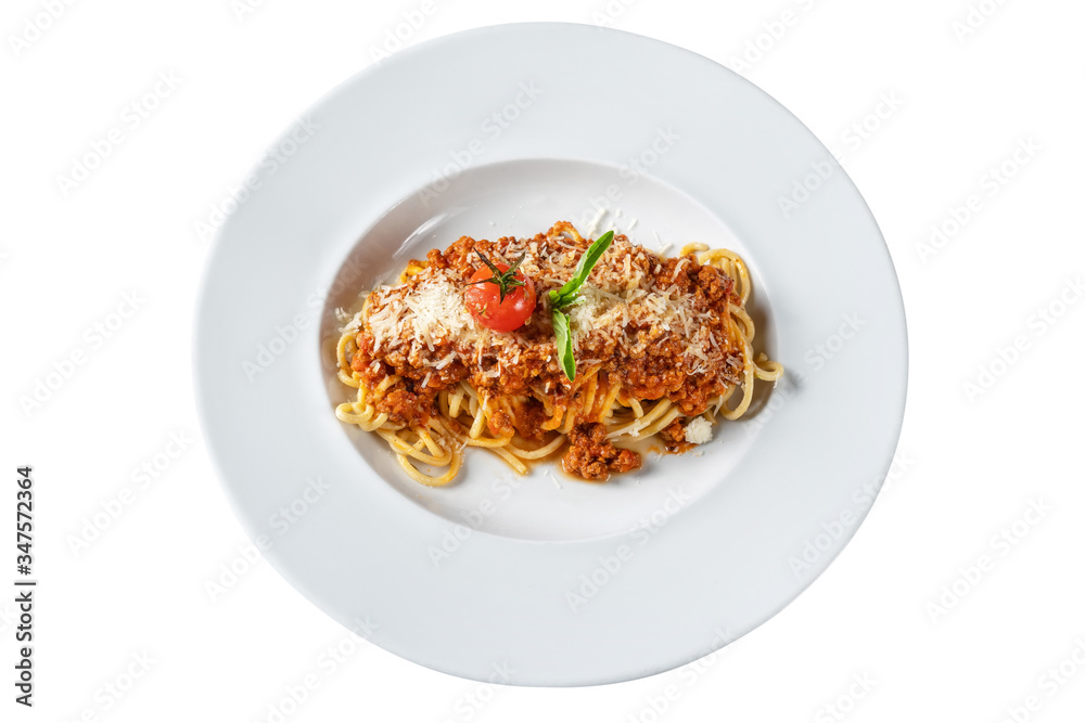 Italian dish of bolognese with spaghetti on a plate. On white background.