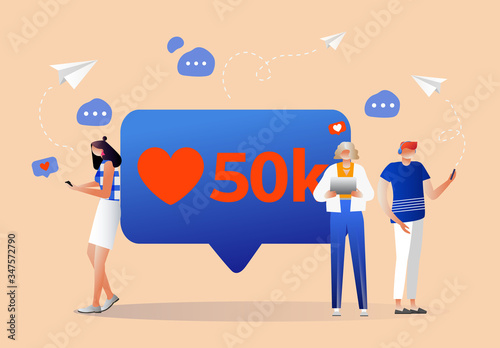 Social media bubble with red heart symbol flat vector illustration of young people using mobile gadgets, laptop, tablet pc and smartphone for networking and collecting likes and comments.