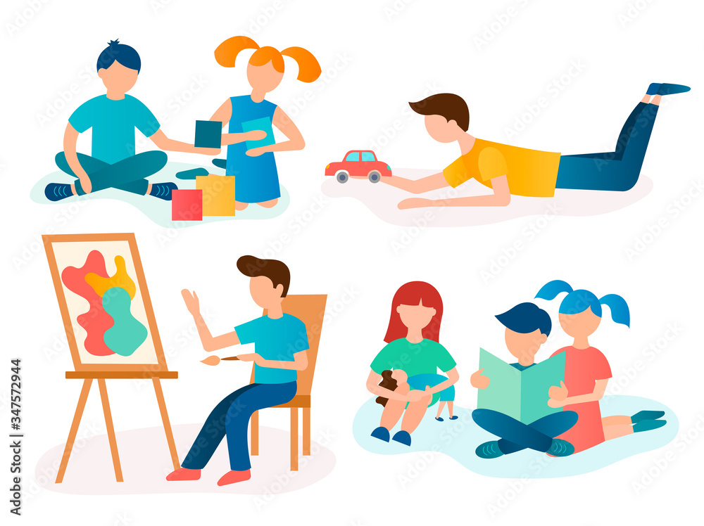 Fototapeta premium Playing cubes, drawing, reading, playing with dolls children.