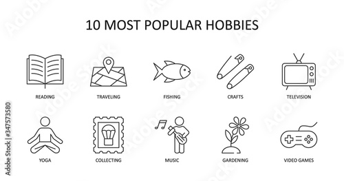 Vector icons of 10 most popular hobbies. Editable Stroke. Reading, traveling, fishing, craft, television, yoga, stamp collecting, music and singing, gardening, video games