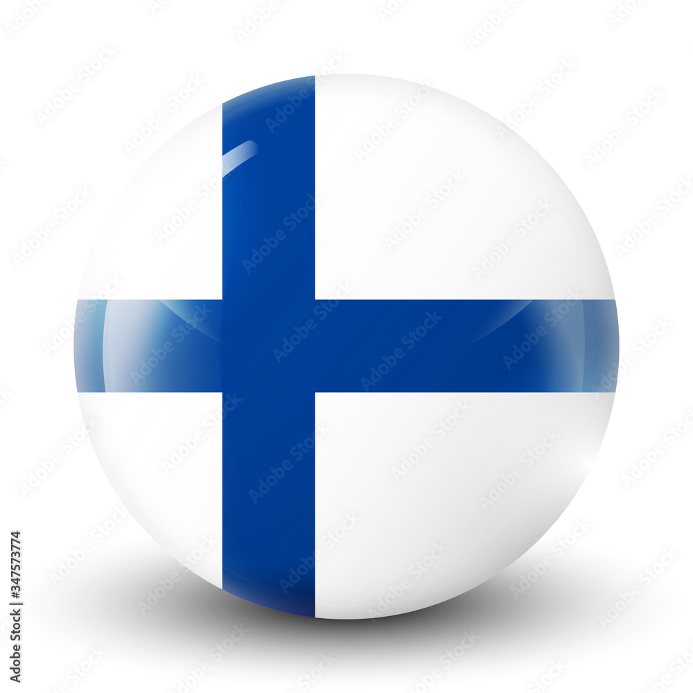 Glass light ball with flag of Finland. Round sphere, template icon. Finnish national symbol. Glossy realistic ball, 3D abstract vector illustration highlighted on a white background. Big bubble. Glass light ball with flag of Finland. Round sphere, template icon. Finnish national symbol. Glossy realistic ball, 3D abstract vector illustration highlighted on a white background. Big bubble.