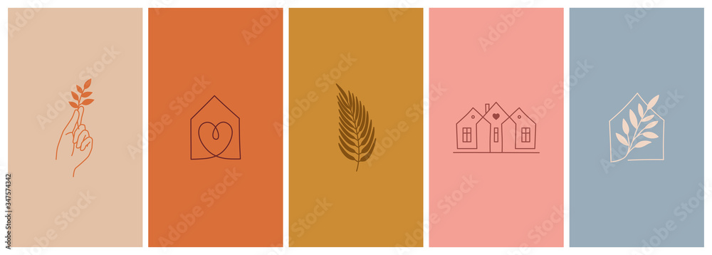 Vector set of abstract logo design templates in simple linear style - cozy home emblems, houses and plants  stay at home 