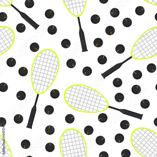 Seamless pattern of squash balls and rackets on white background. Summer sport vector print. Design for textile, wallpaper, sport equipment and banner. Sports, fitness, activity vector illustration.