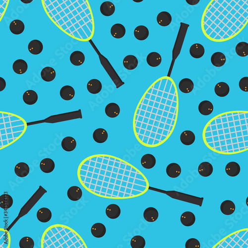 Seamless pattern of squash balls and rackets on a blue background. Summer sport vector print. Design for textile, wallpaper, sport equipment and banner. Sports, fitness, activity vector illustration. photo