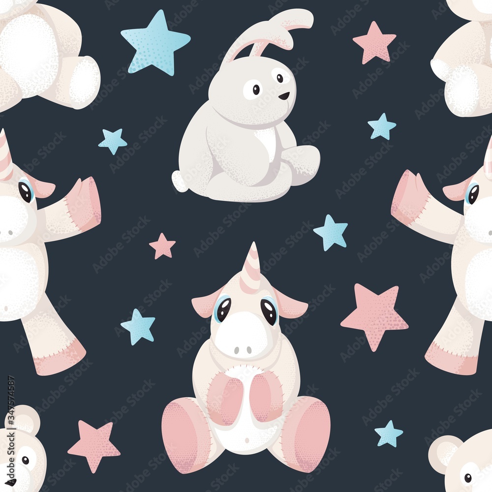 Seamless pattern background with little cute cartoon animal toys and stars