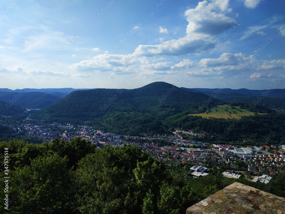 View over Annweiler am Trifels with rock