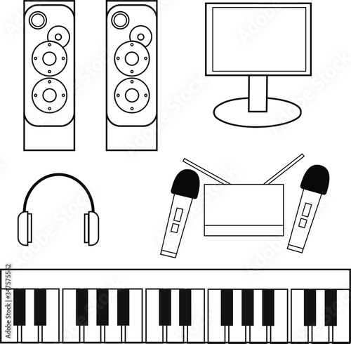 Image of multimedia, gadgets, musical equipment: monitor, radio microphones, music speakers, midi controller, headphones. Isolated on a white background.