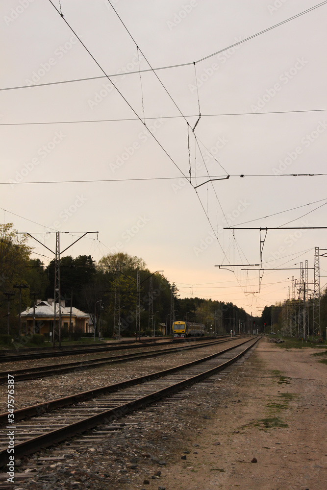 Passenger railway station in the Saulkrasti town. Railroad traffic in evening.